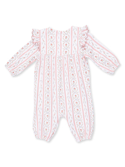 Floral pattern baby romper in pink with ruffled sleeves and vertical stripes, ideal for comfortable wear.