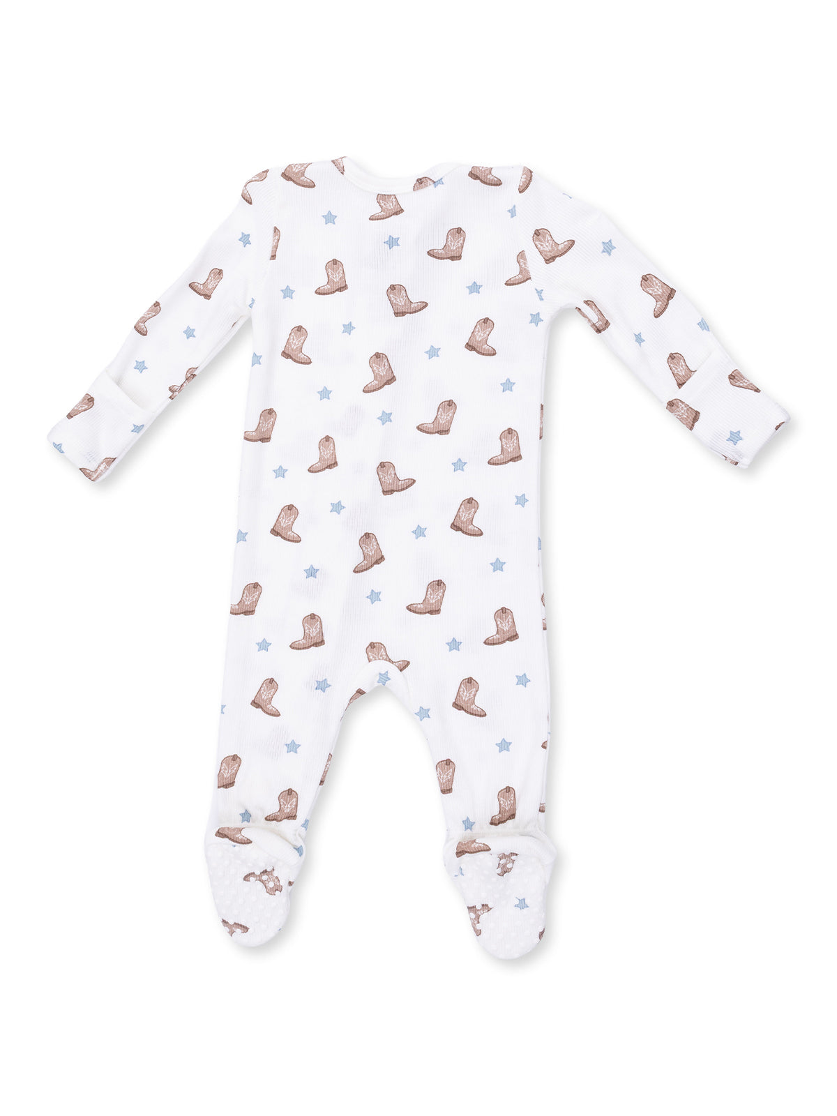 White baby onesie featuring a cowboy boot and star pattern, with footed legs and long sleeves.