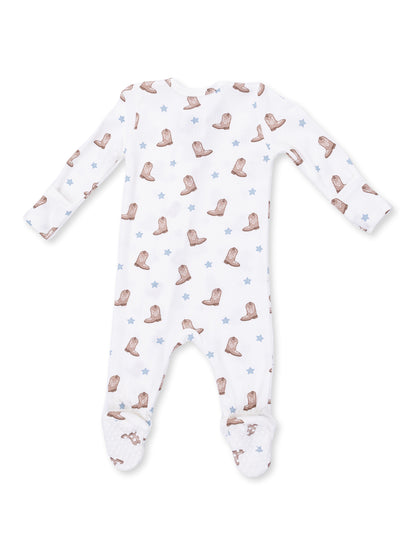 White baby onesie featuring a cowboy boot and star pattern, with footed legs and long sleeves.
