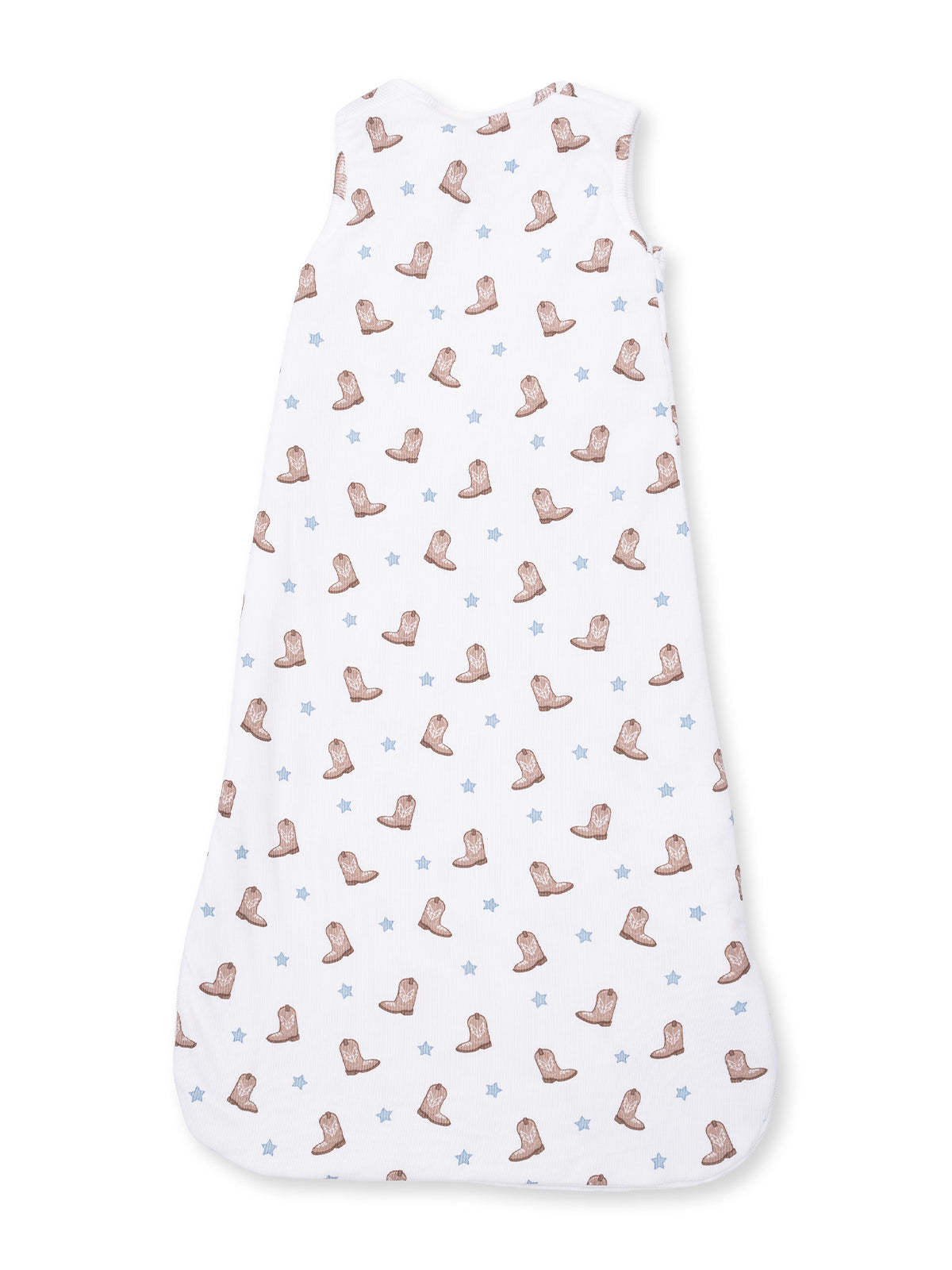 White sleep sack with a playful cowboy boot and star pattern. Ideal for cozy and safe sleep.
