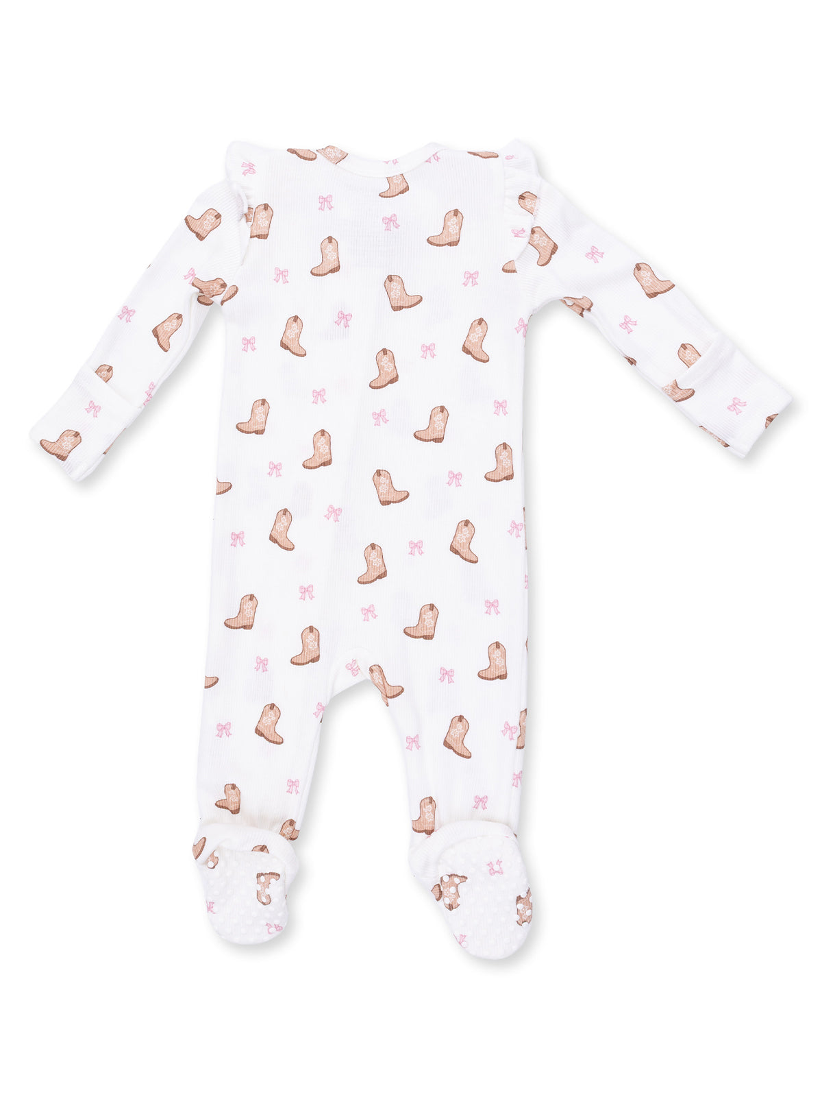 White infant onesie with boot and bow patterns, featuring long sleeves and footed design.