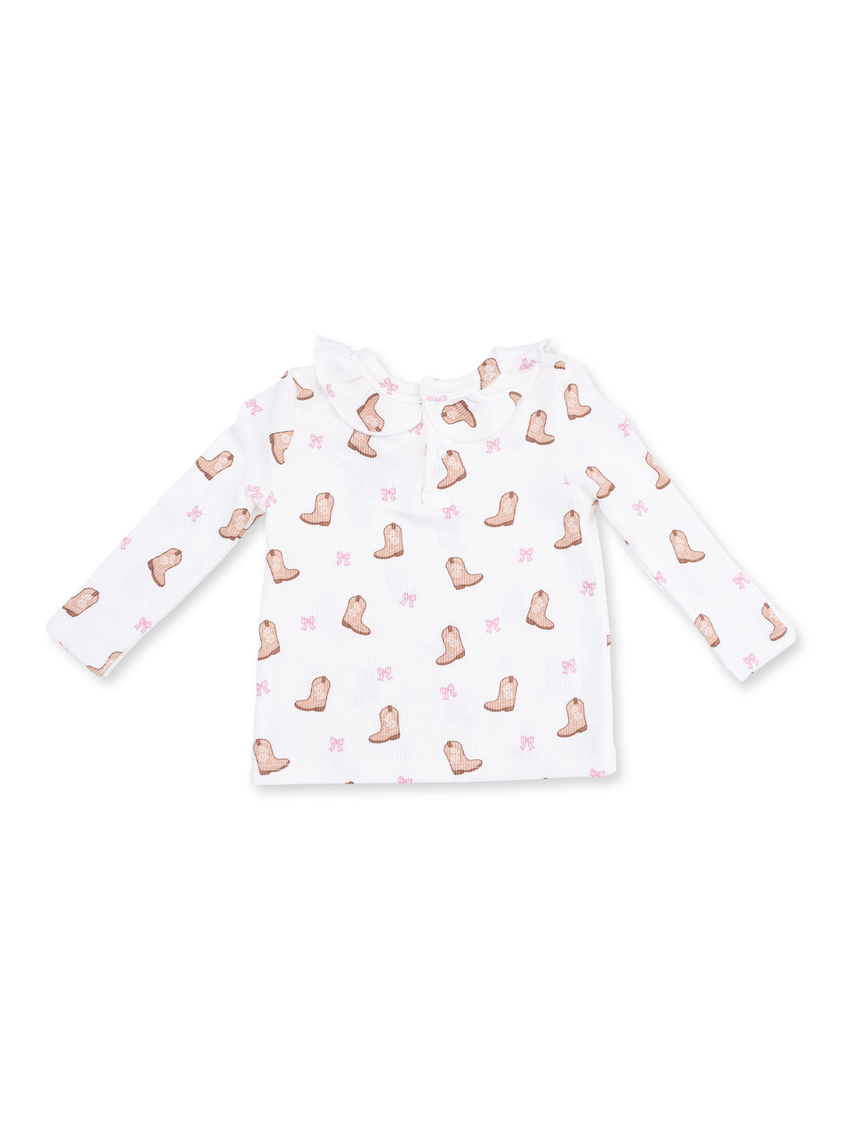 White long-sleeve shirt with a cute boot and pink bow print.