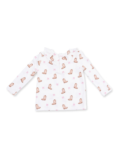 White long-sleeve shirt with a cute boot and pink bow print.