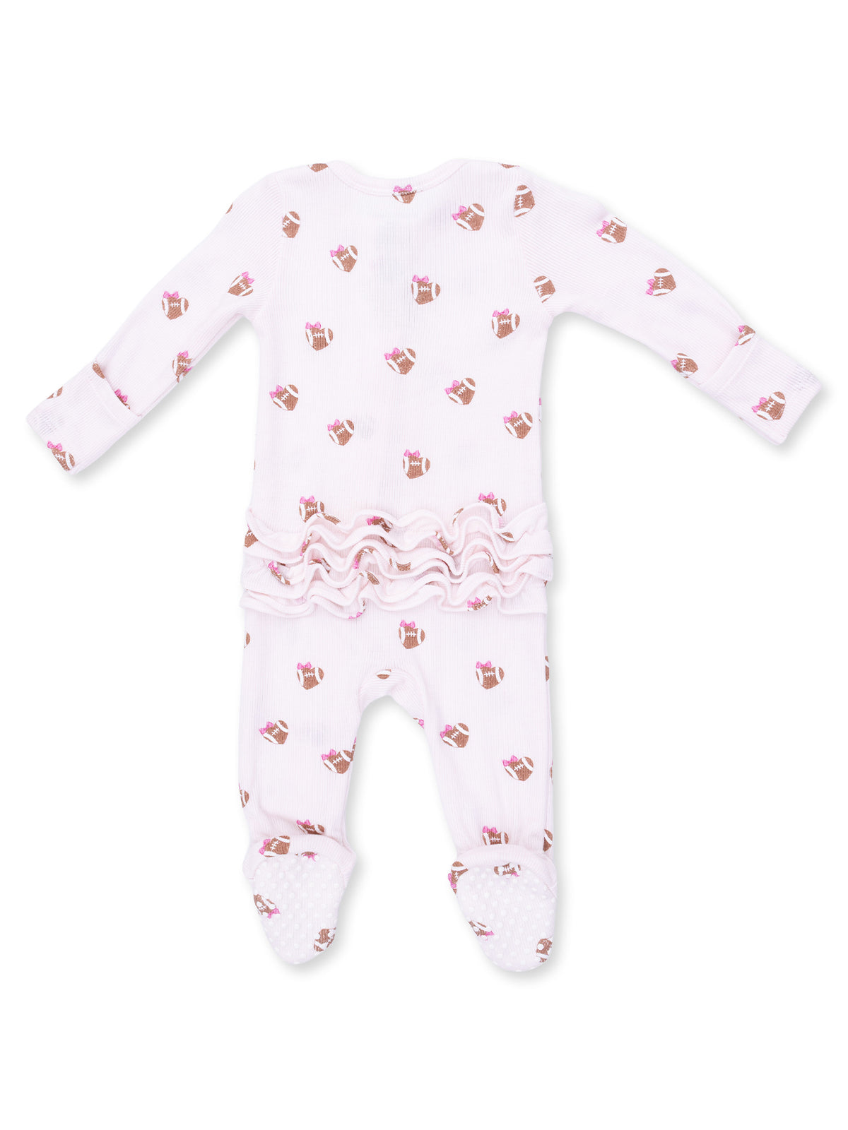 Pink footed baby onesie with cake print and ruffled bottom. Soft and cozy for infant wear.
