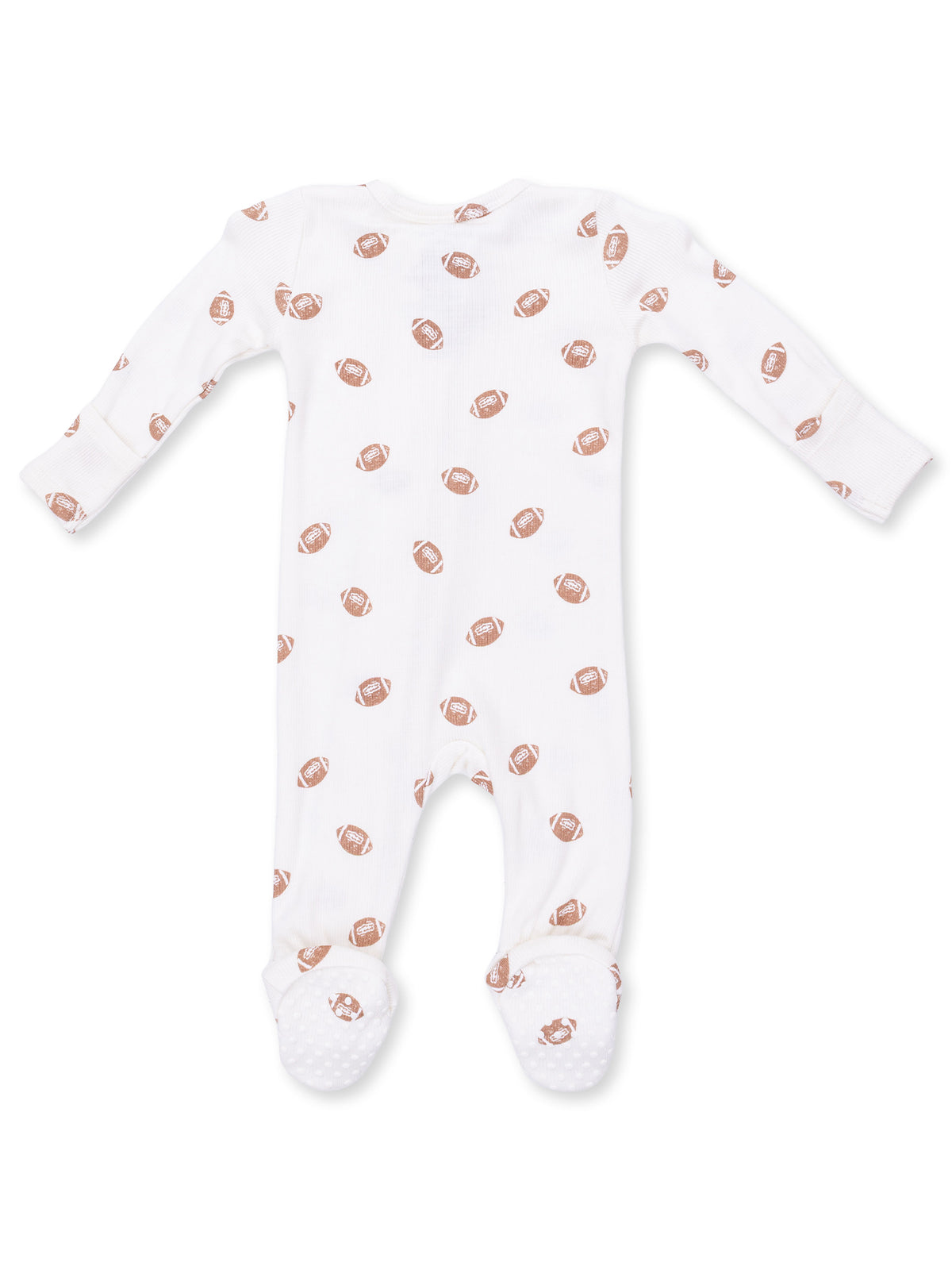 White baby onesie with repeating brown football pattern and non-slip feet for added safety. Perfect for infants.