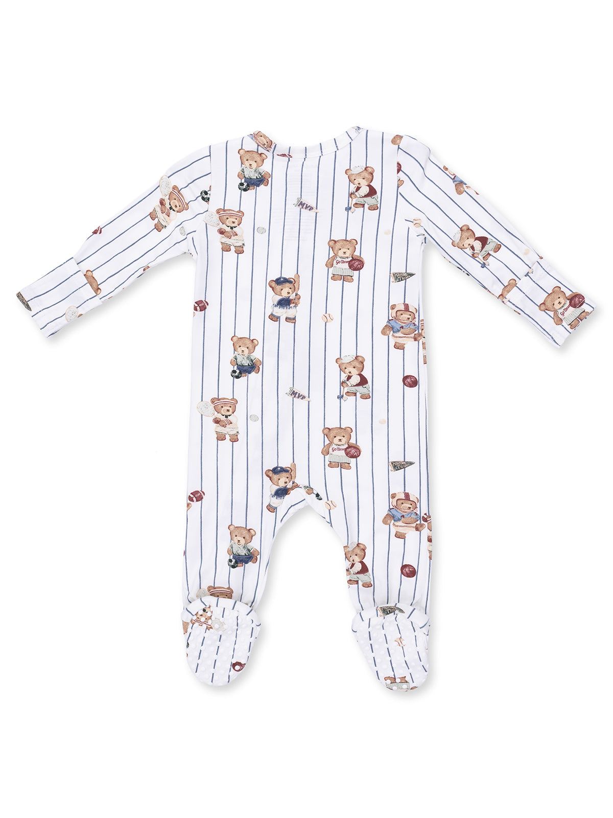 White onesie with teddy bear prints and blue stripes, featuring long sleeves and footed design.
