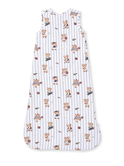 Children's sleep sack featuring playful teddy bear designs on a striped white background.