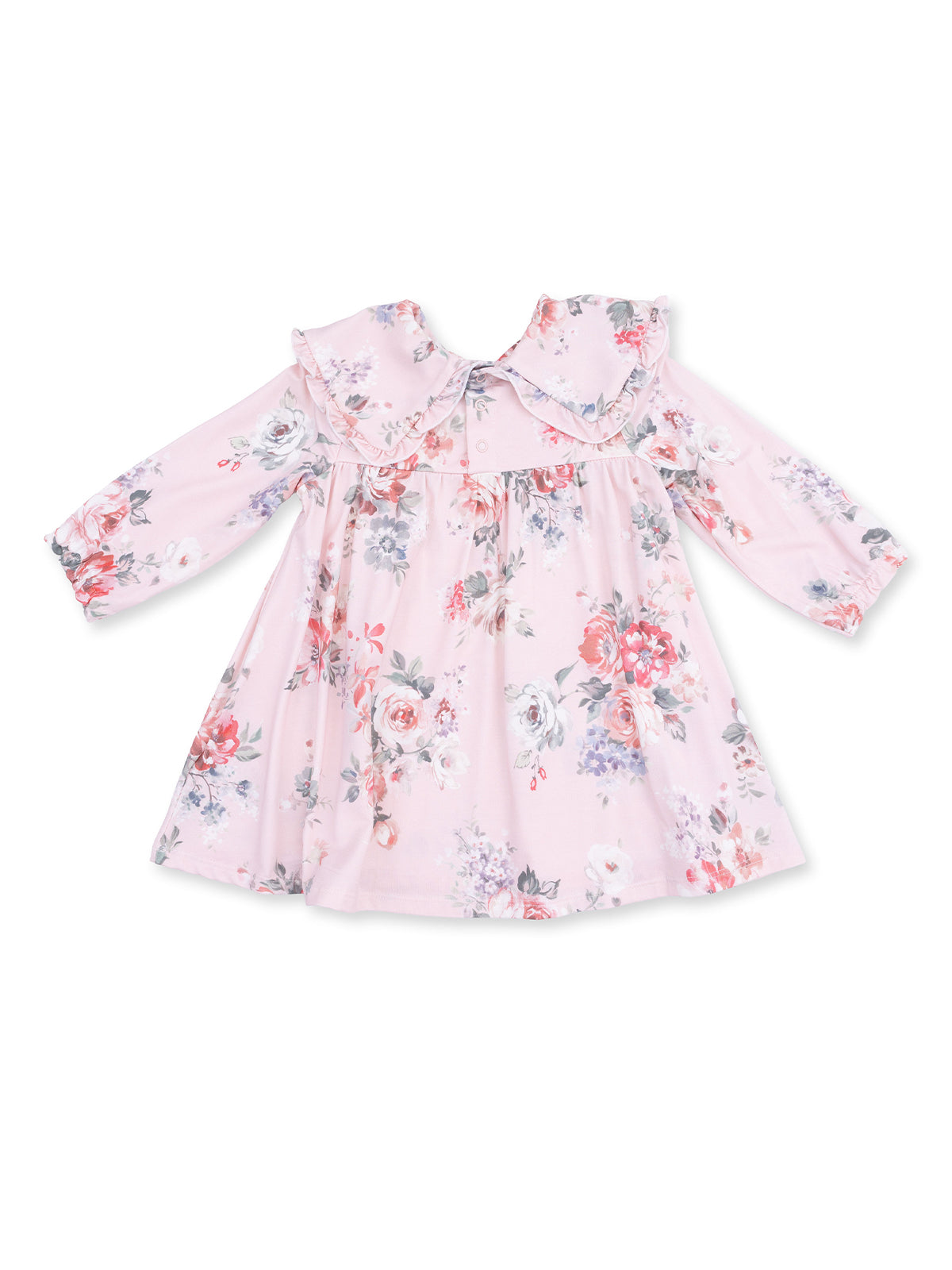 Light pink floral dress with long sleeves and a ruffled collar, perfect for children’s spring fashion.