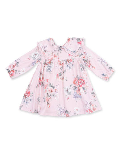 Light pink floral dress with long sleeves and a ruffled collar, perfect for children’s spring fashion.