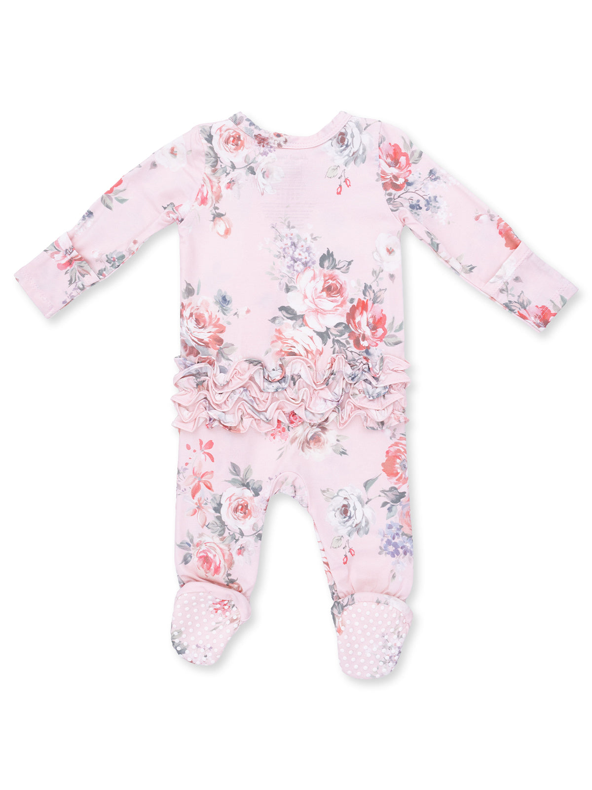 Floral pink baby romper with ruffles, featuring long sleeves and textured non-slip feet. Back view displayed.