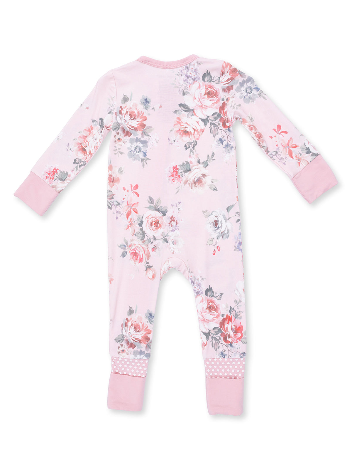 Pink floral baby onesie with long sleeves and polka dot cuffs, shown from the back. Perfect for comfortable, stylish wear.