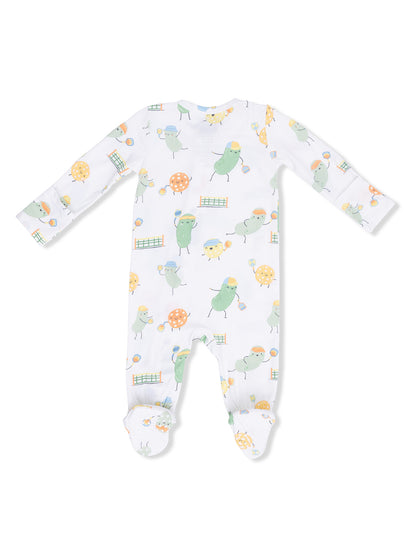 Cute baby onesie with playful fruit and vegetable patterns in soft pastel colors. Long sleeves and footed design.
