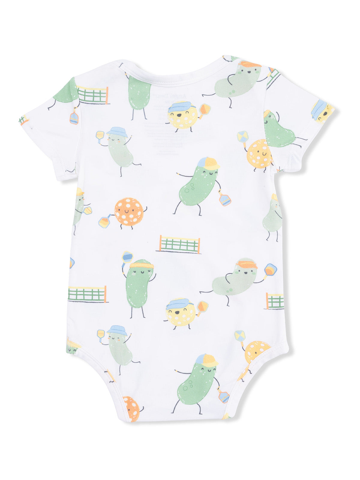 White baby onesie with playful pickle and lemon illustrations in pastel colors. Perfect for infants.