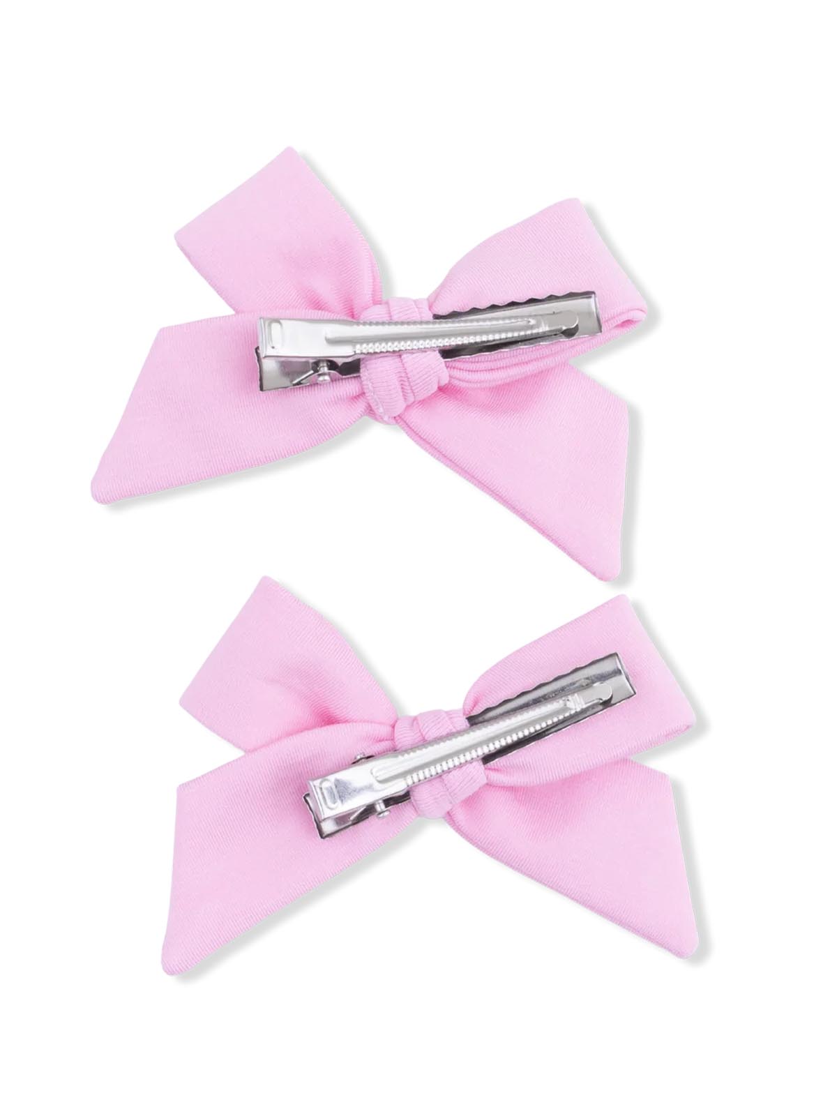 Pink fabric hair bows with metal clips, arranged in pairs for stylish hair accessories.