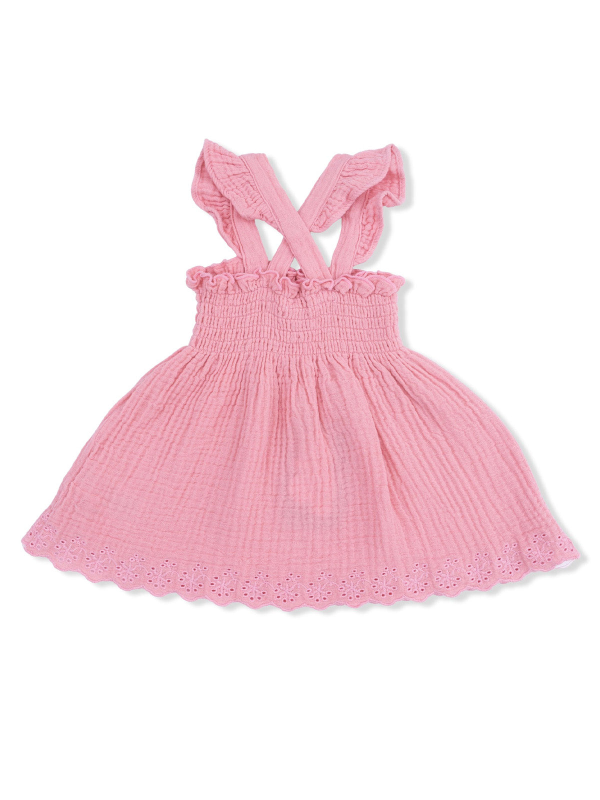 Light pink toddler dress with ruffled straps and embroidered hem, perfect for warm weather outings.