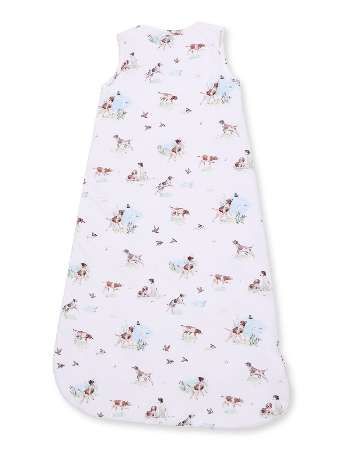 Children's sleep sack featuring a pastel print of playful dogs and birds on a white background.