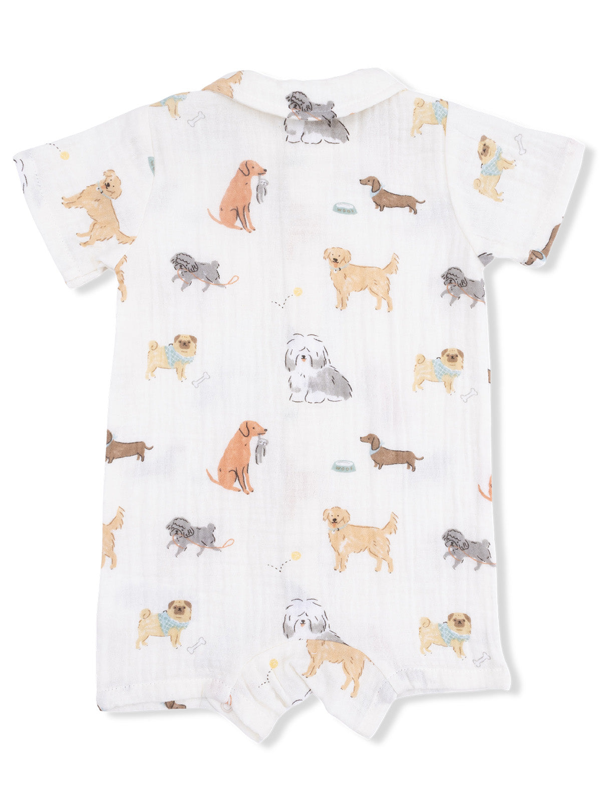 White onesie with colorful dog illustrations scattered throughout the fabric.