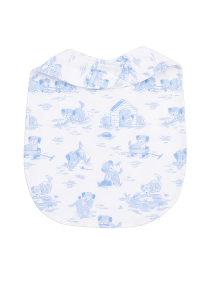 Blue bib with playful puppy illustrations on a white background. Perfect for feeding time.