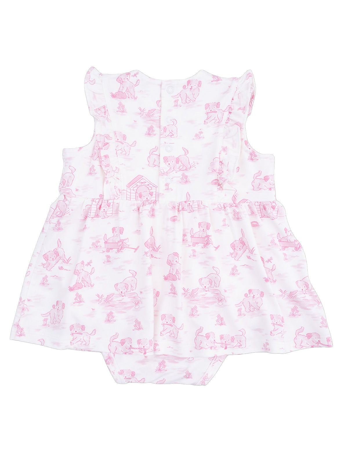 Pink baby dress with dog print and ruffled sleeves, perfect for a cute, playful look.