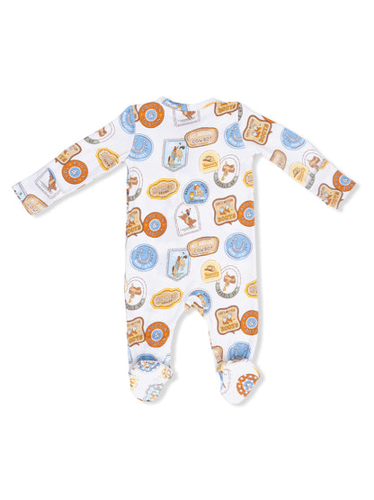 Baby onesie with cowboy-themed prints, featuring horseshoes, rodeo, and playful graphics. Ideal for toddlers.