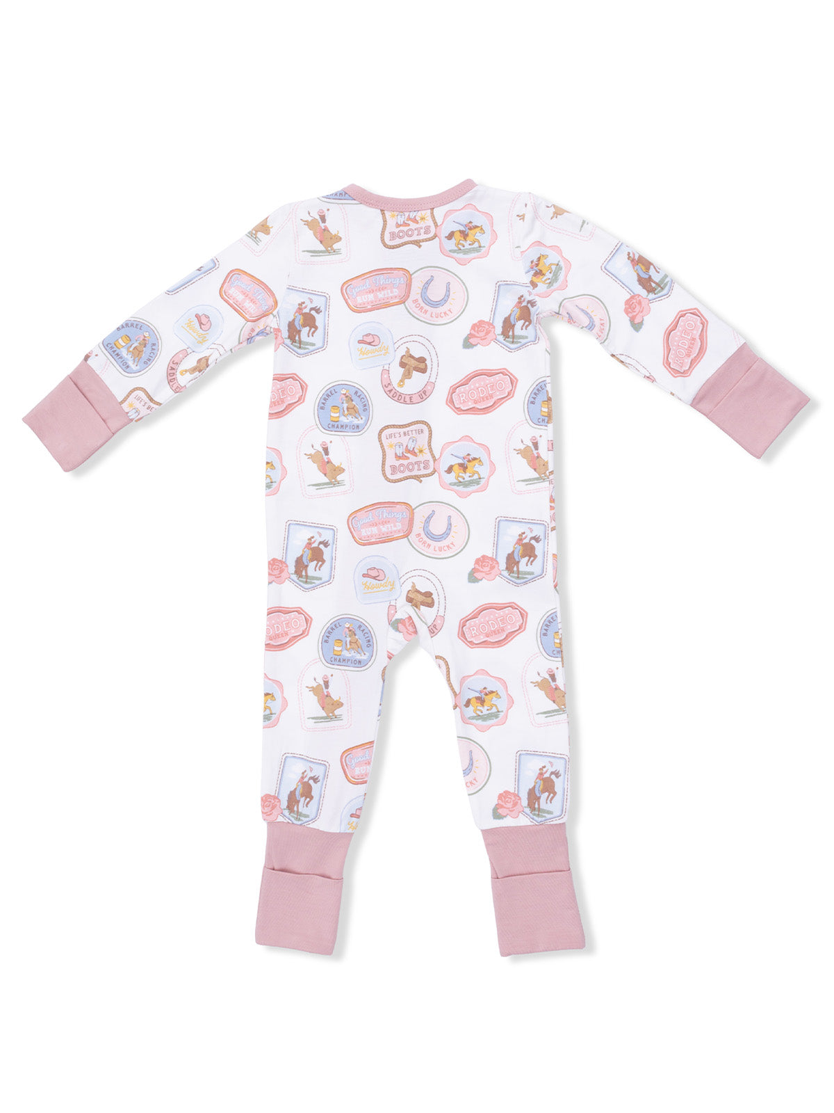 Baby pajamas with cowboy-themed prints and pink cuffs, viewed from the back.
