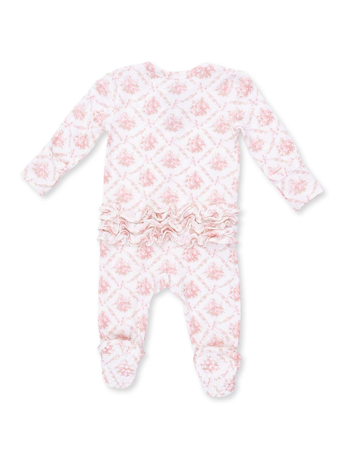 Pink patterned infant romper with long sleeves and ruffled detail at the bottom. Suitable for baby wear.
