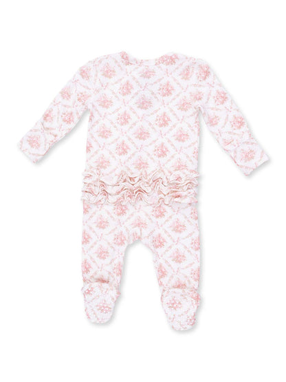 Pink patterned infant romper with long sleeves and ruffled detail at the bottom. Suitable for baby wear.