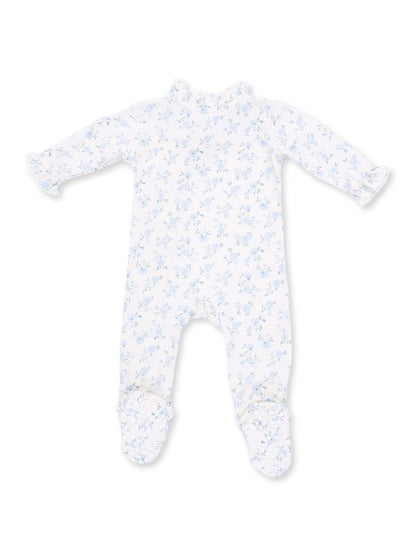 Baby onesie with floral pattern in soft white and blue, featuring long sleeves and footed design.