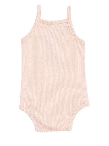 Light pink ribbed tank bodysuit with thin straps and round neckline for infants.