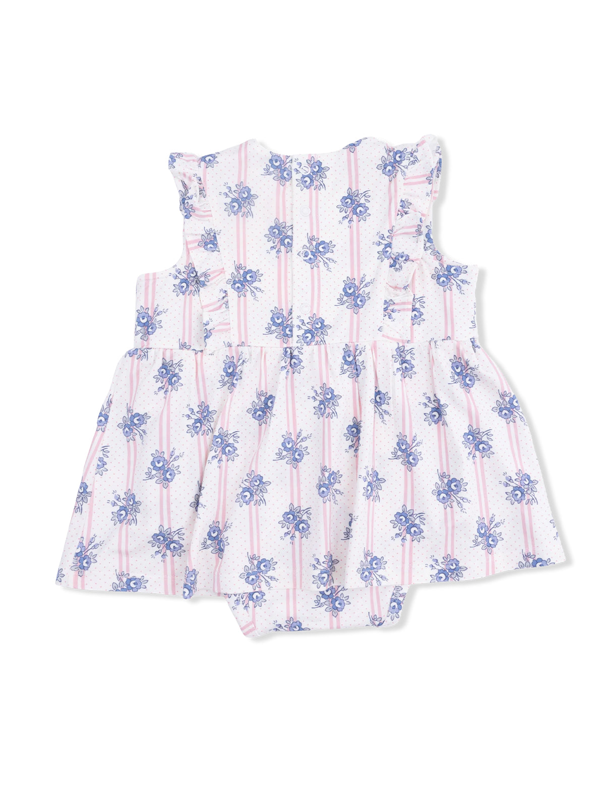 Light pink floral baby dress with ruffled sleeves and a flared skirt. Ideal for warm weather outfits.
