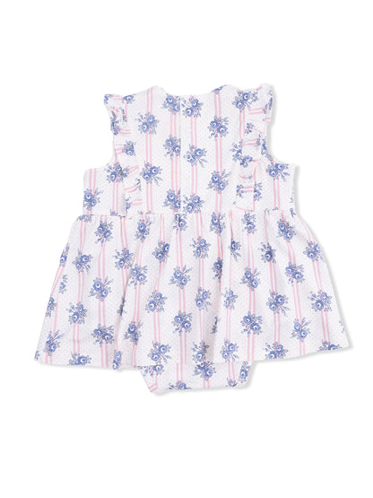 Light pink floral baby dress with ruffled sleeves and a flared skirt. Ideal for warm weather outfits.