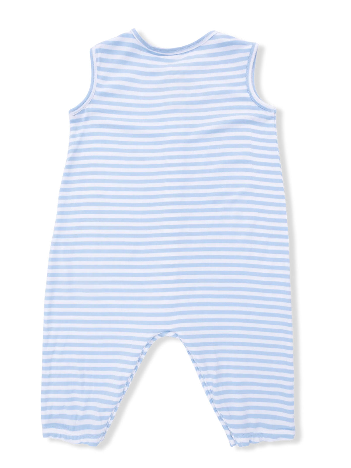 Blue and white striped baby romper, sleeveless with a relaxed fit, viewed from the back.