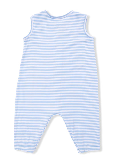 Blue and white striped baby romper, sleeveless with a relaxed fit, viewed from the back.