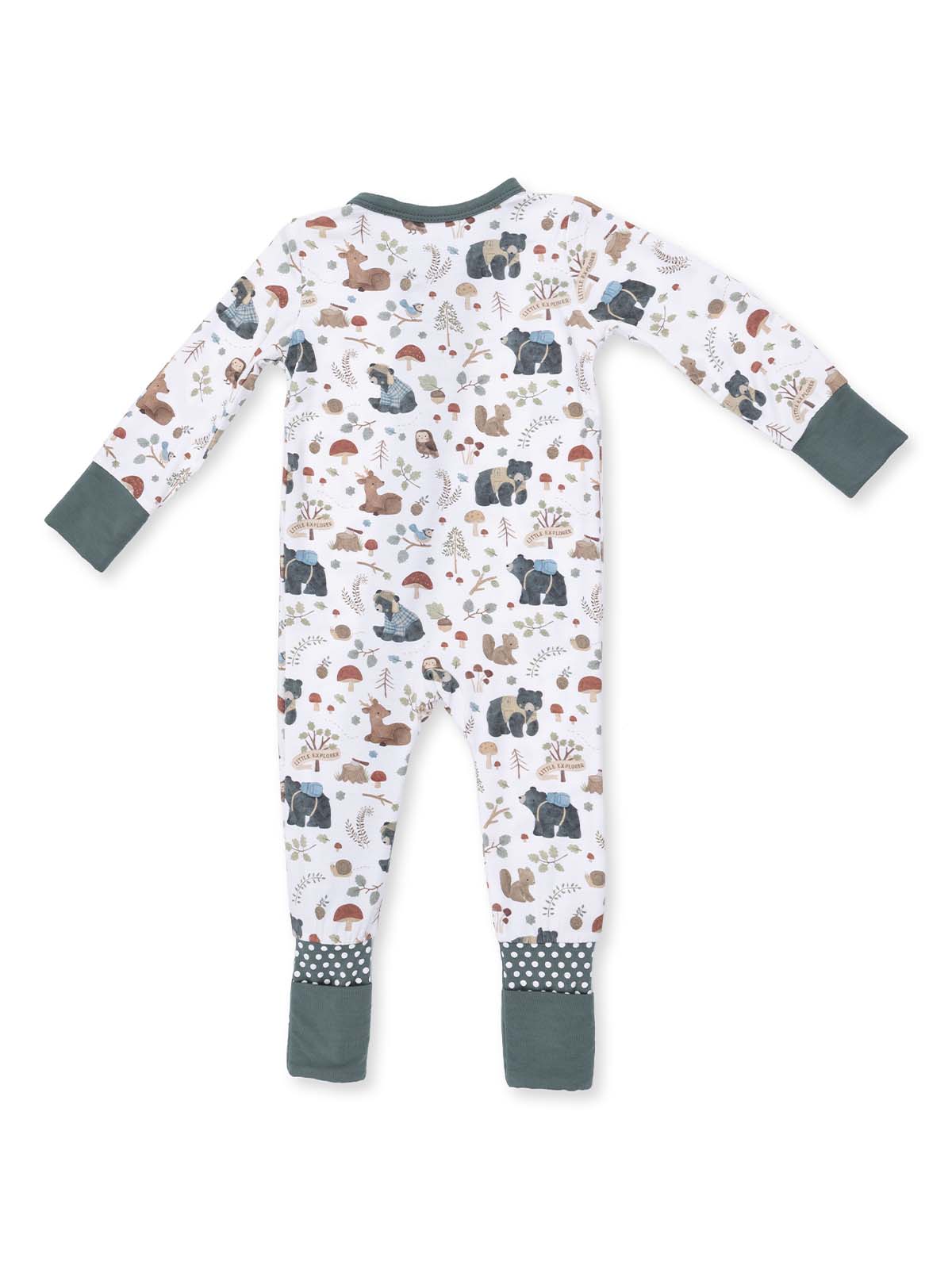 Back view of a children's pajama onesie featuring animals and nature prints in soft colors.