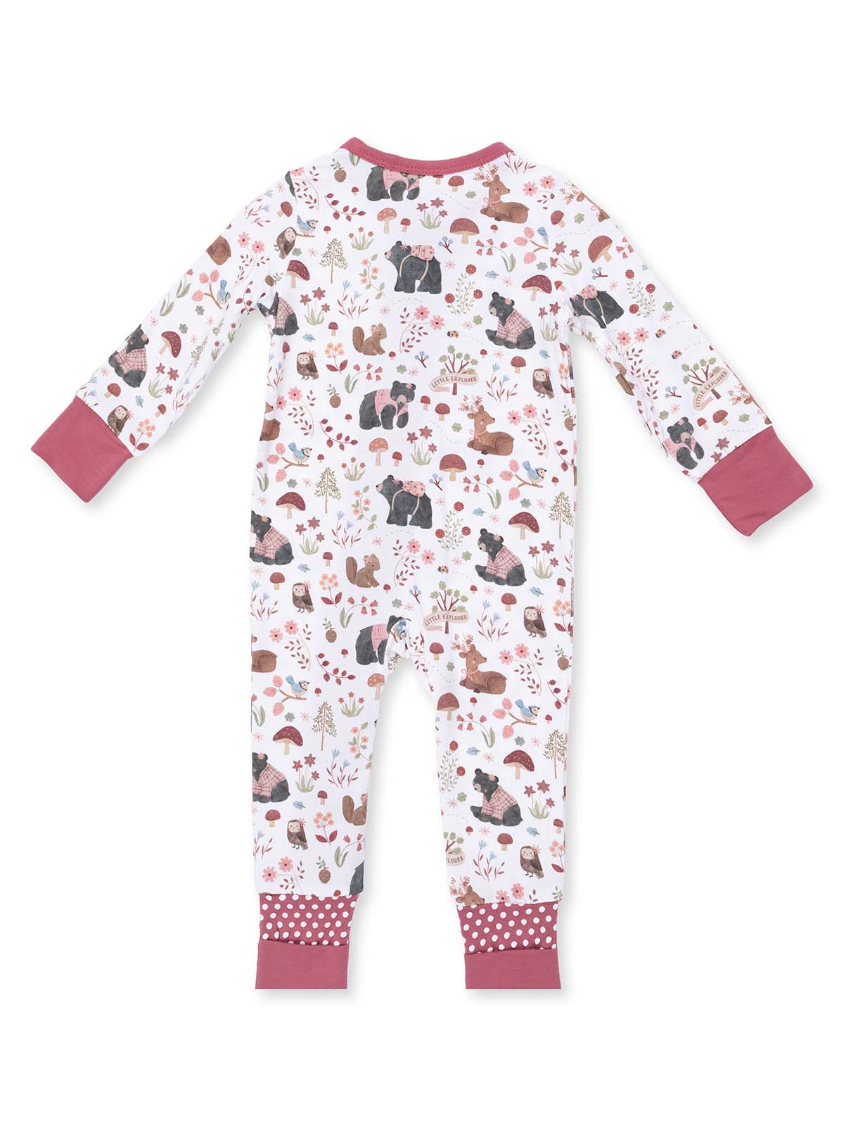 Children’s pajama onesie featuring a whimsical animal print design with floral accents.