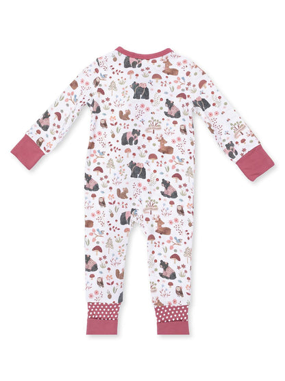 Children’s pajama onesie featuring a whimsical animal print design with floral accents.
