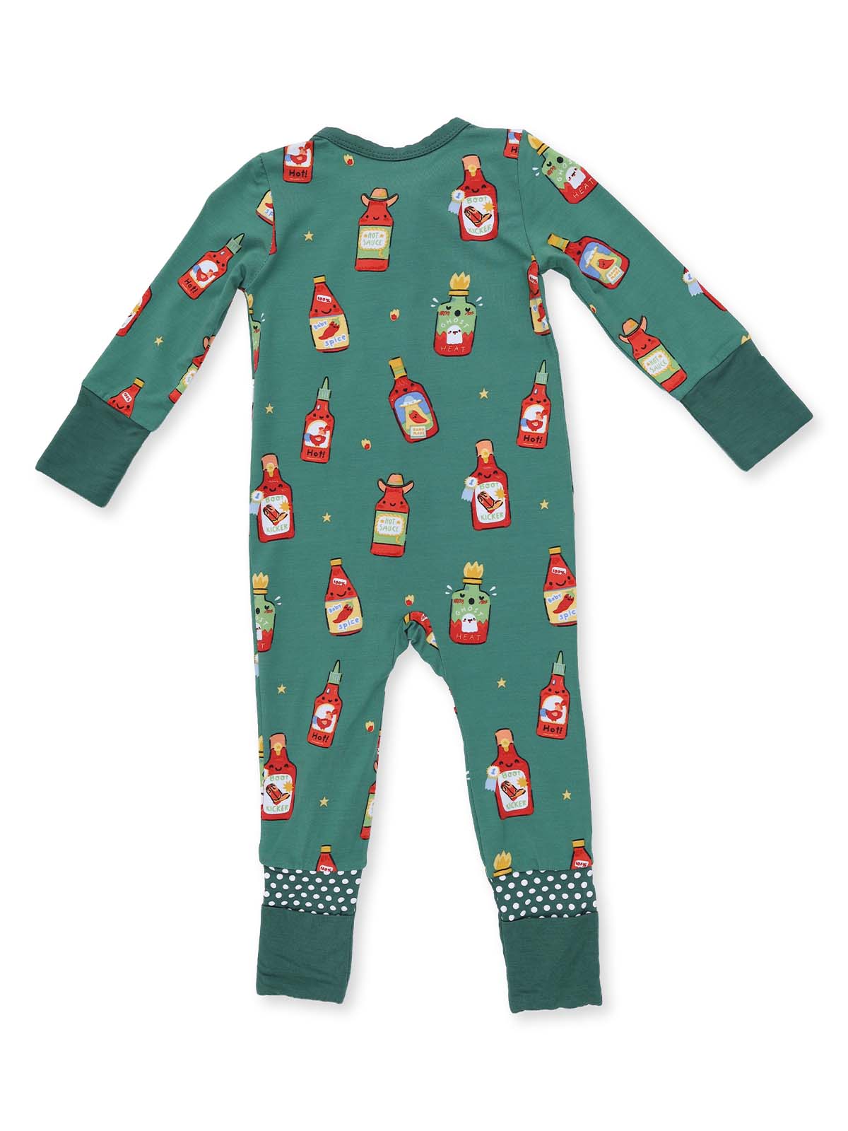 Green onesie featuring playful condiment bottle patterns with stars and polka dot cuffs, suitable for kids.
