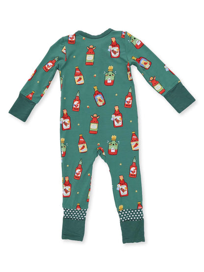 Green onesie featuring playful condiment bottle patterns with stars and polka dot cuffs, suitable for kids.
