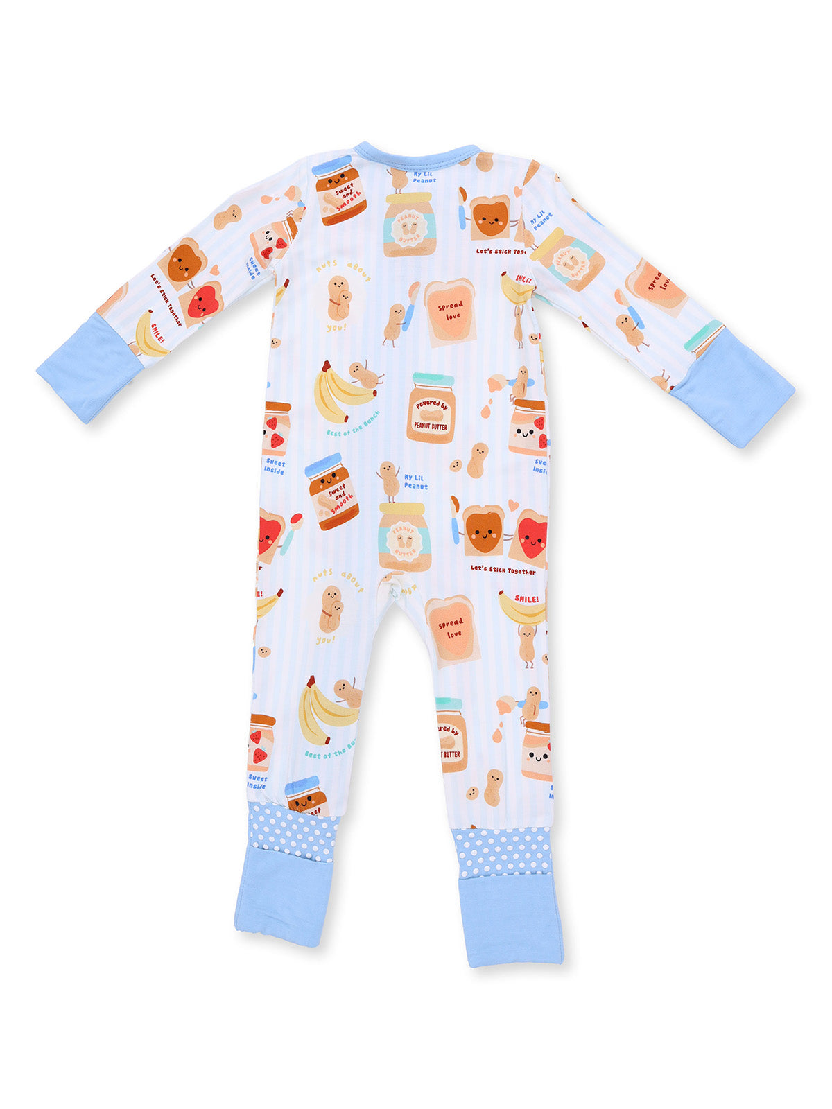 Children's pajamas with playful food illustrations, including animals, jars, and bananas on a light background.