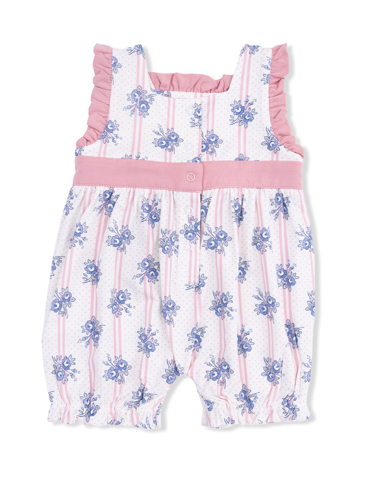 Floral baby romper in pink and blue with ruffled straps and a button closure. Perfect for spring/summer wear.