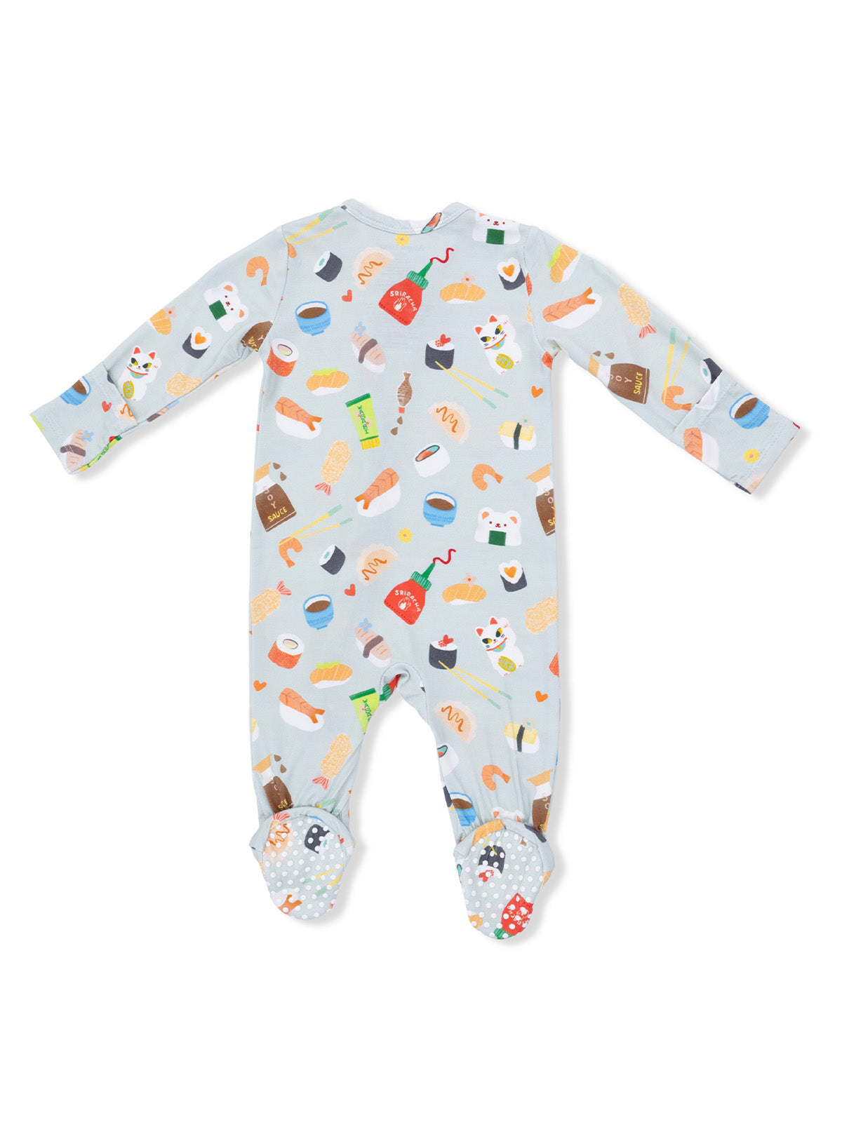 Light blue baby onesie with colorful food patterns including sushi, noodles, and dumplings. Perfect for playful outfits.