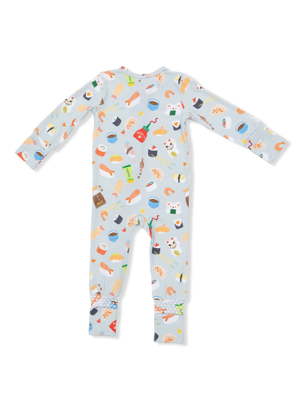 Blue pajamas featuring colorful food illustrations, including sushi, drinks, and snacks, viewed from the back.