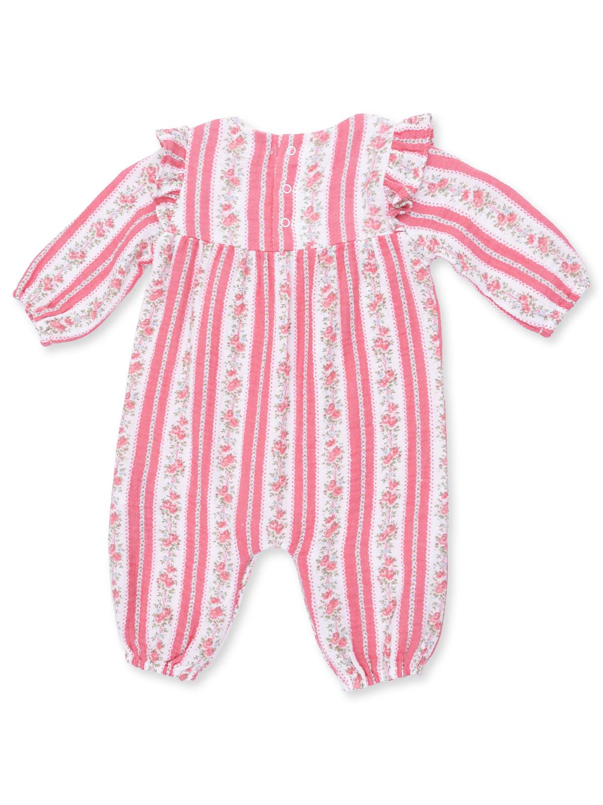 Pink striped romper with floral patterns and ruffled sleeves, designed for infants.