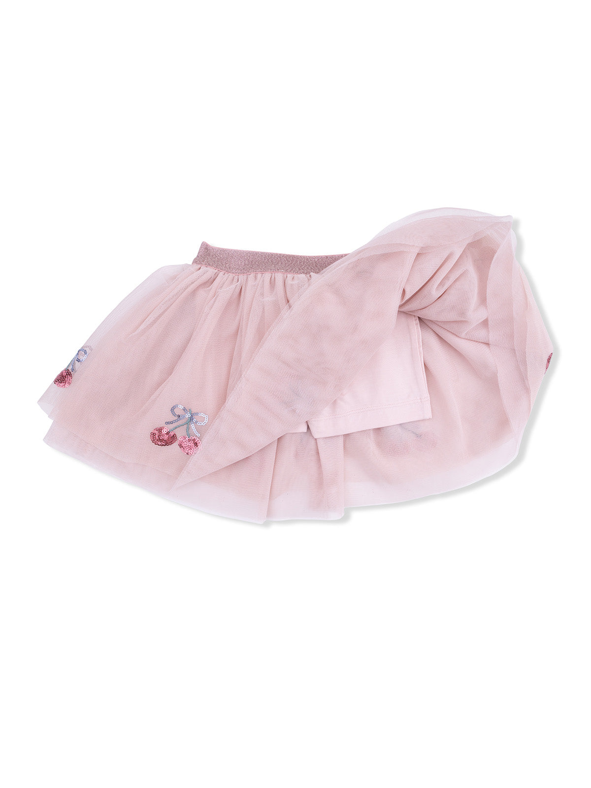 Pink tulle skirt with embroidered cherry and bow details, perfect for young children's outfits.