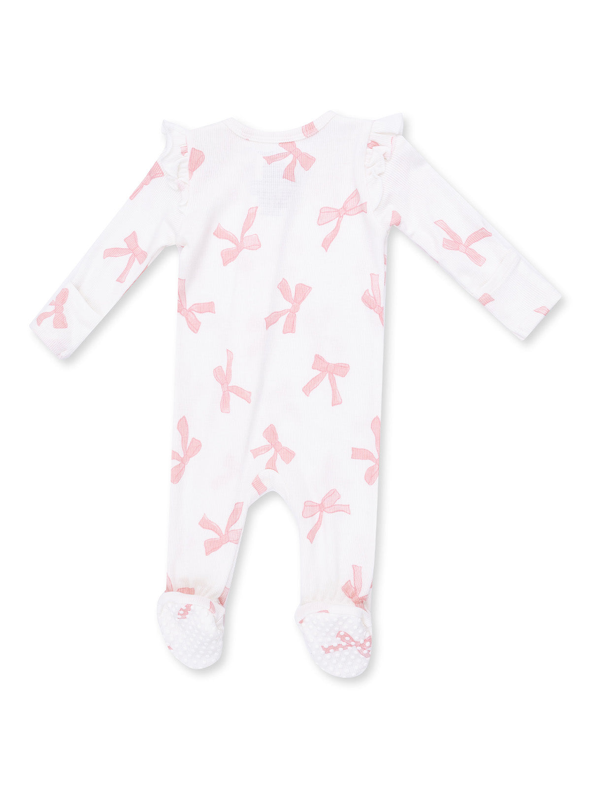 White onesie with pink bow pattern and ruffled sleeves, featuring non-slip soles for infants.