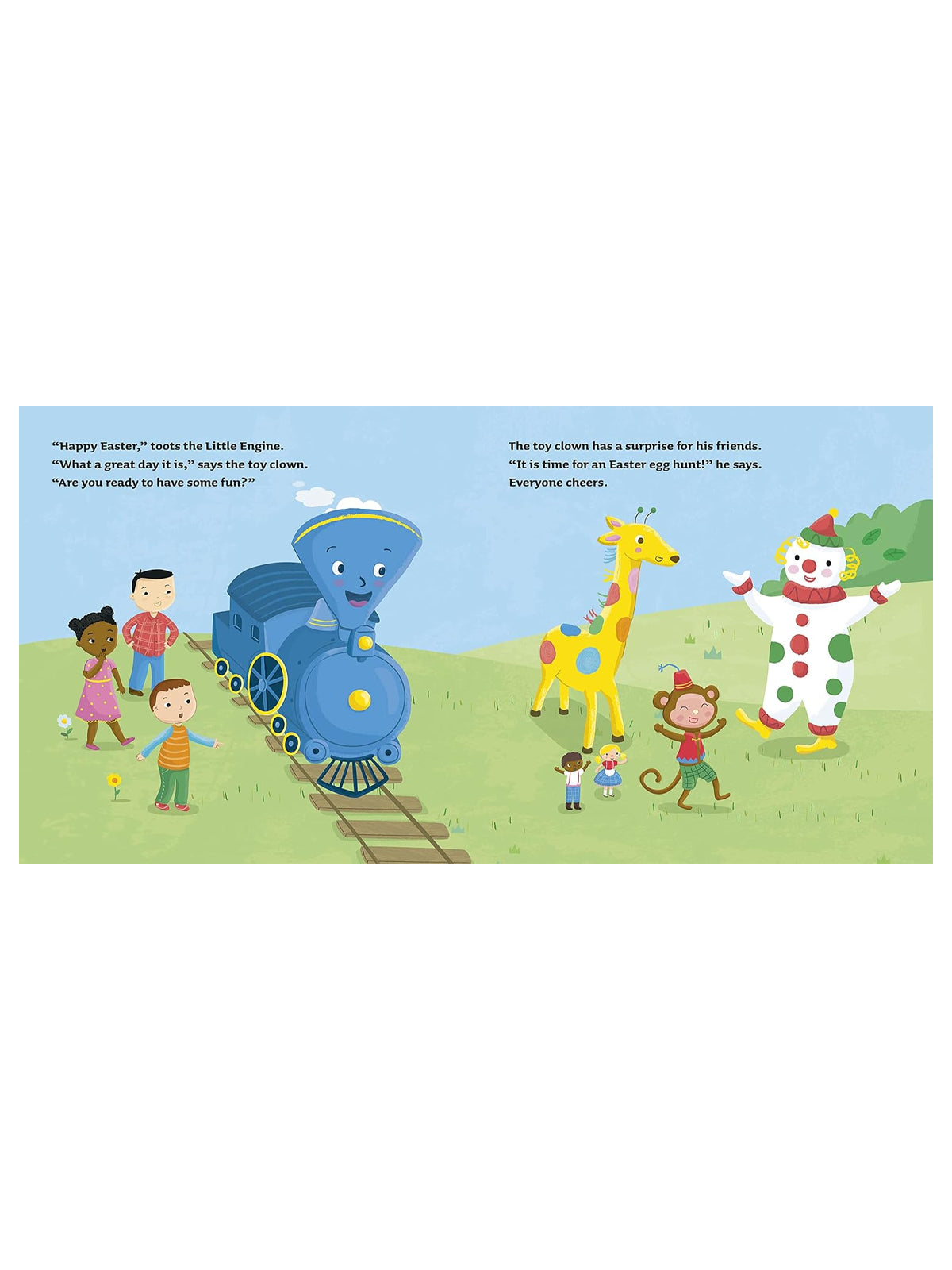 Happy characters gather around a cheerful blue train, excited for an Easter egg hunt led by a toy clown.