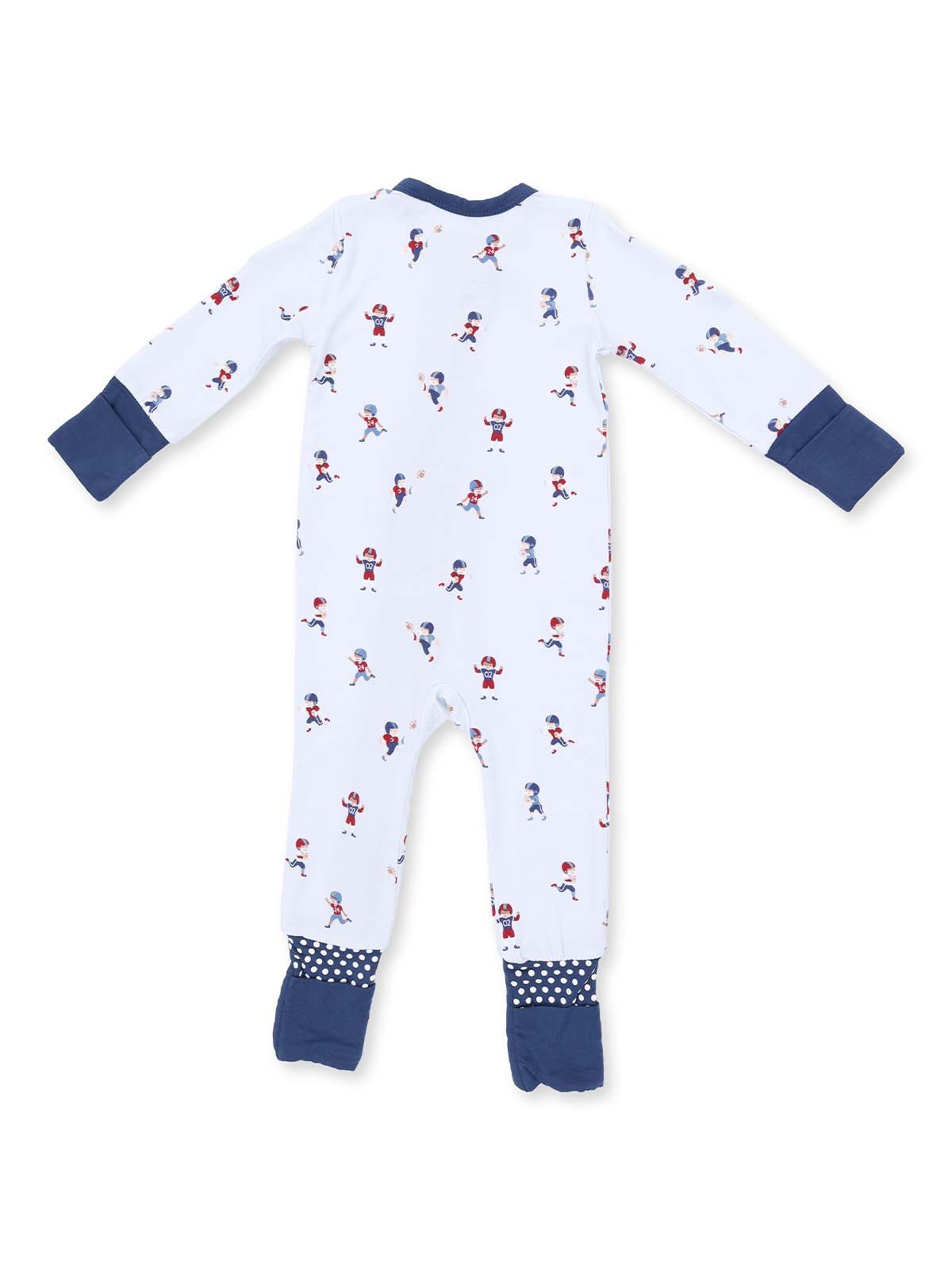 Back view of a children's onesie with sports-themed prints in blue and red on a white background.