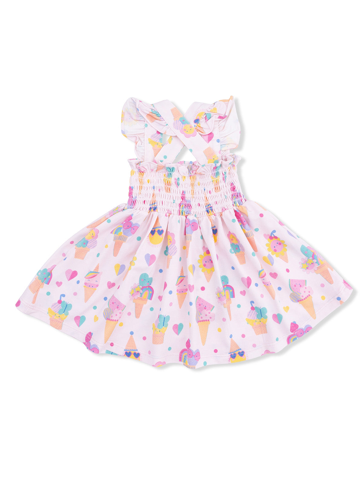 Pink dress with ice cream and heart patterns, featuring ruffled straps and a flared skirt. Perfect for summer wear.