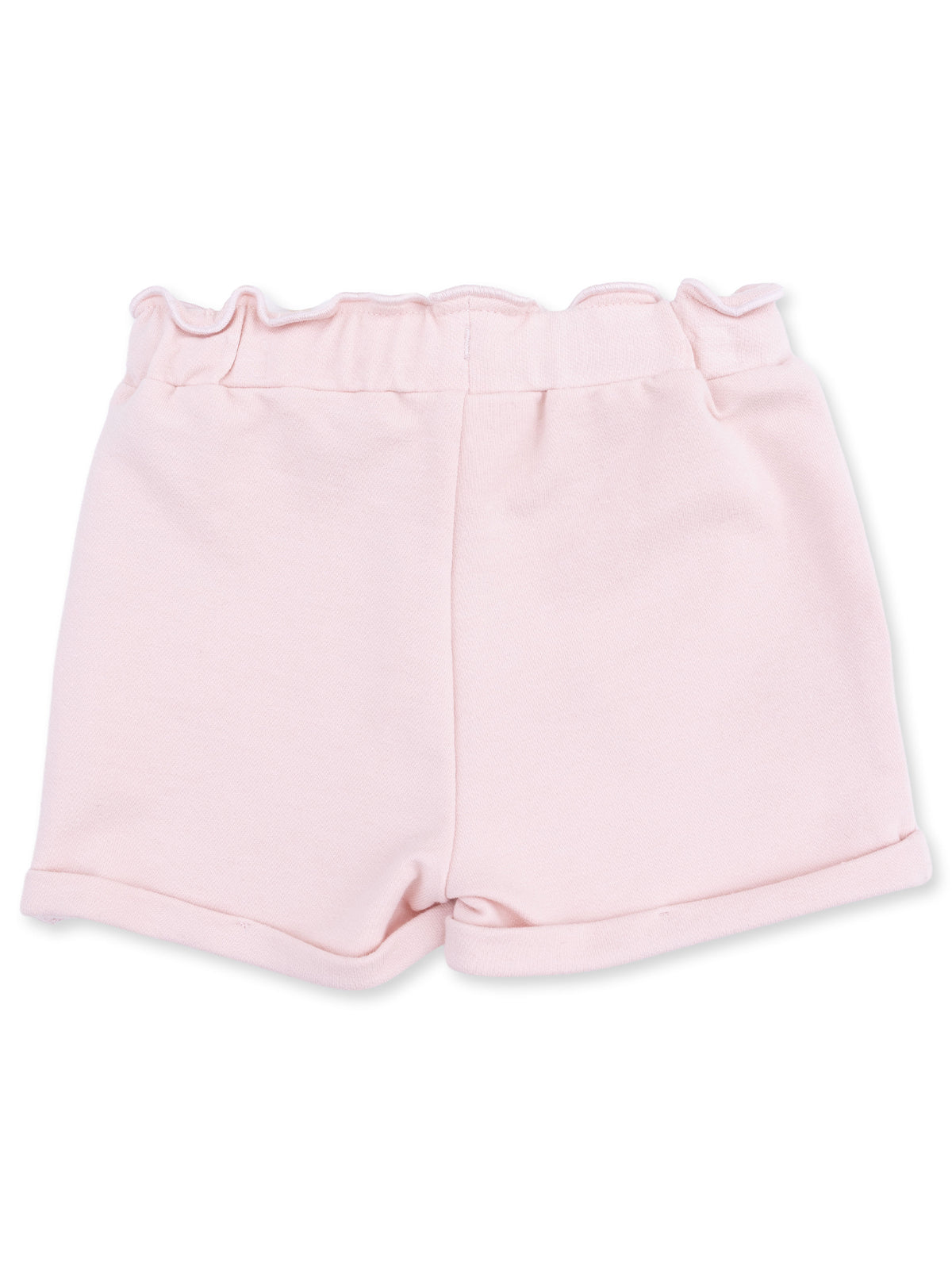 Light pink shorts with a ruffled waistband and rolled hem, designed for comfort and style.