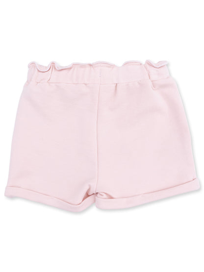 Light pink shorts with a ruffled waistband and rolled hem, designed for comfort and style.